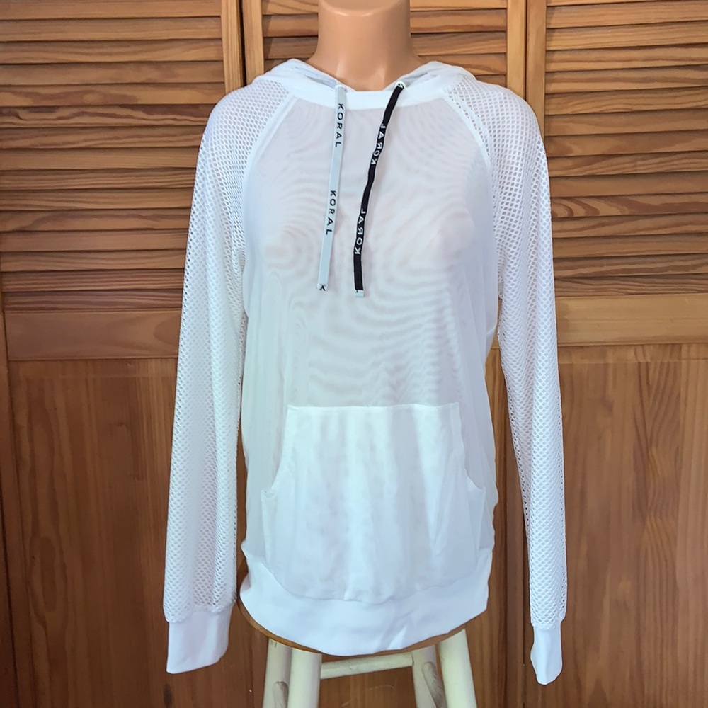 KORAL mesh hoodie white small drawstring hood front pocket llana Kugel